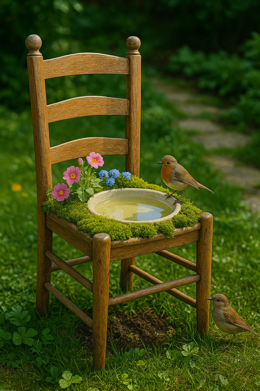 Chair Seat Bird Bath Planter Combo