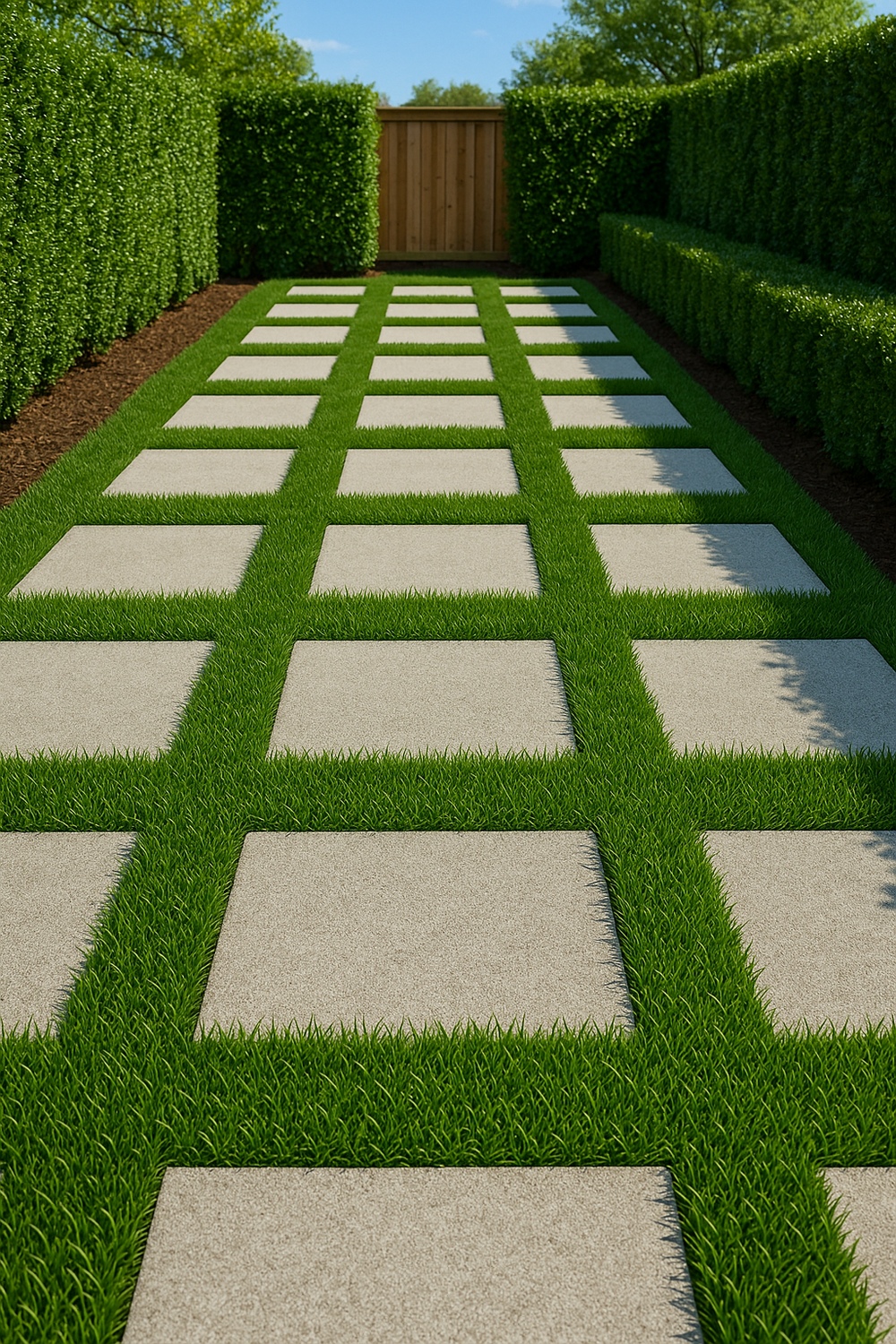 Checkerboard Grass and Paver Path