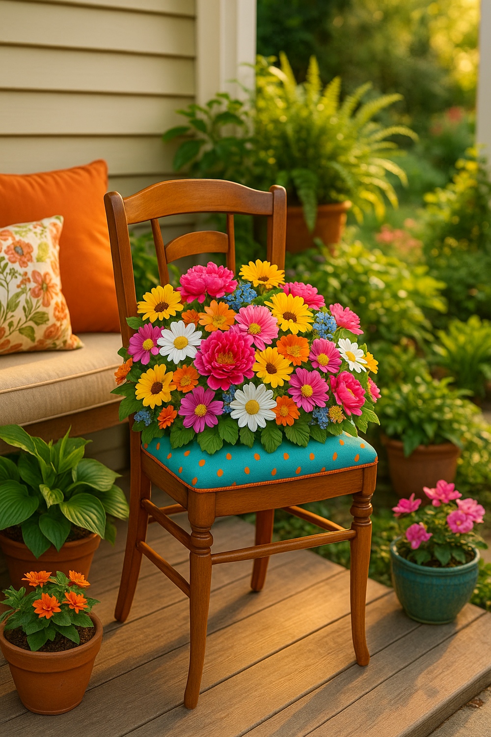 Reupholstered Chair Planter with Faux Flowers