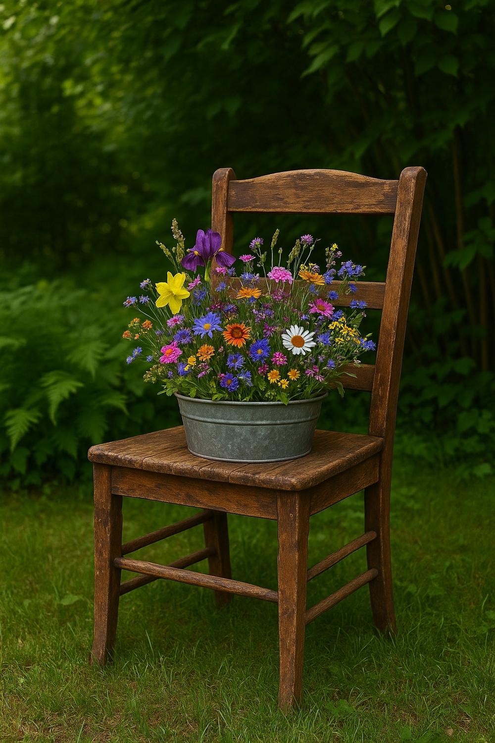 Rustic Wooden Chair Planter with Wildflowers