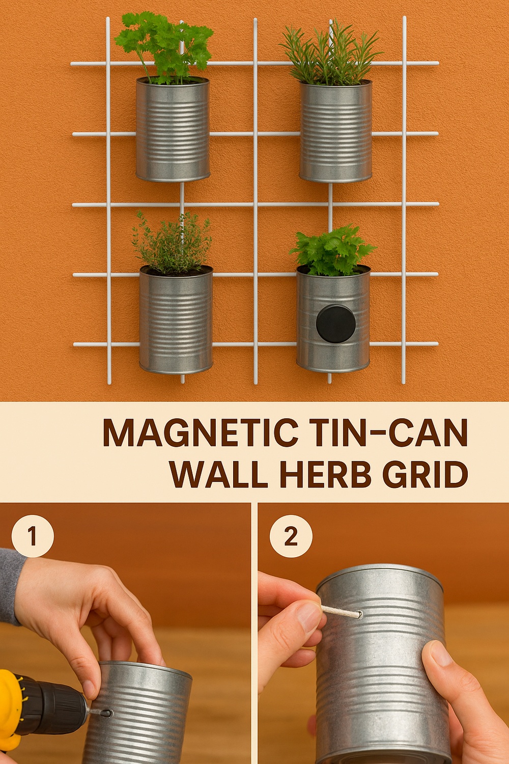 Magnetic Tin Can Wall Herb Grid