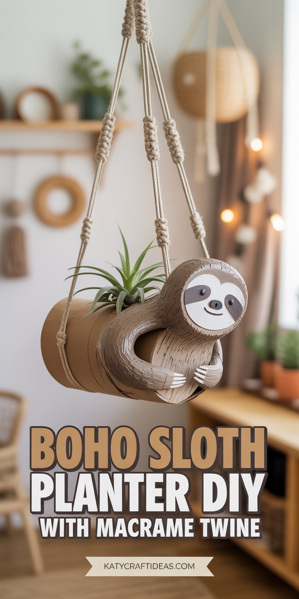 Boho Sloth Hanging Planter with Macrame Twine