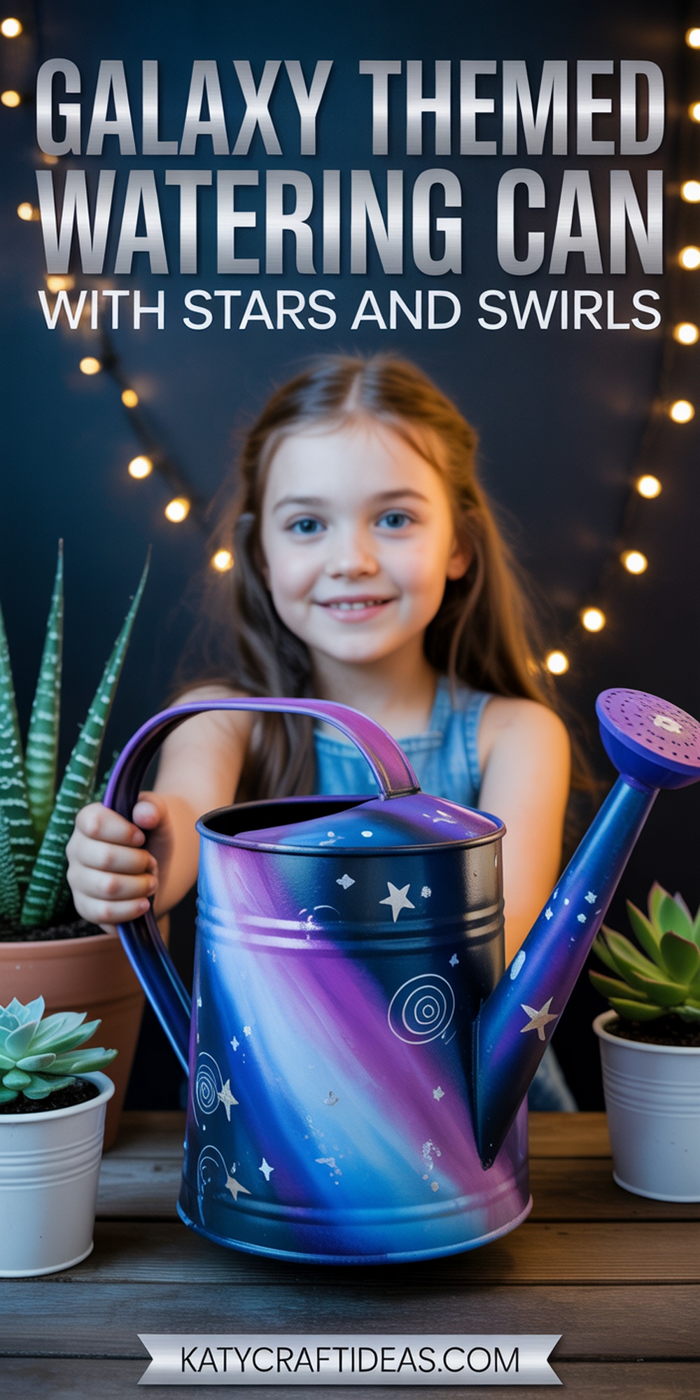 Galaxy Themed Watering Can with Stars and Swirls