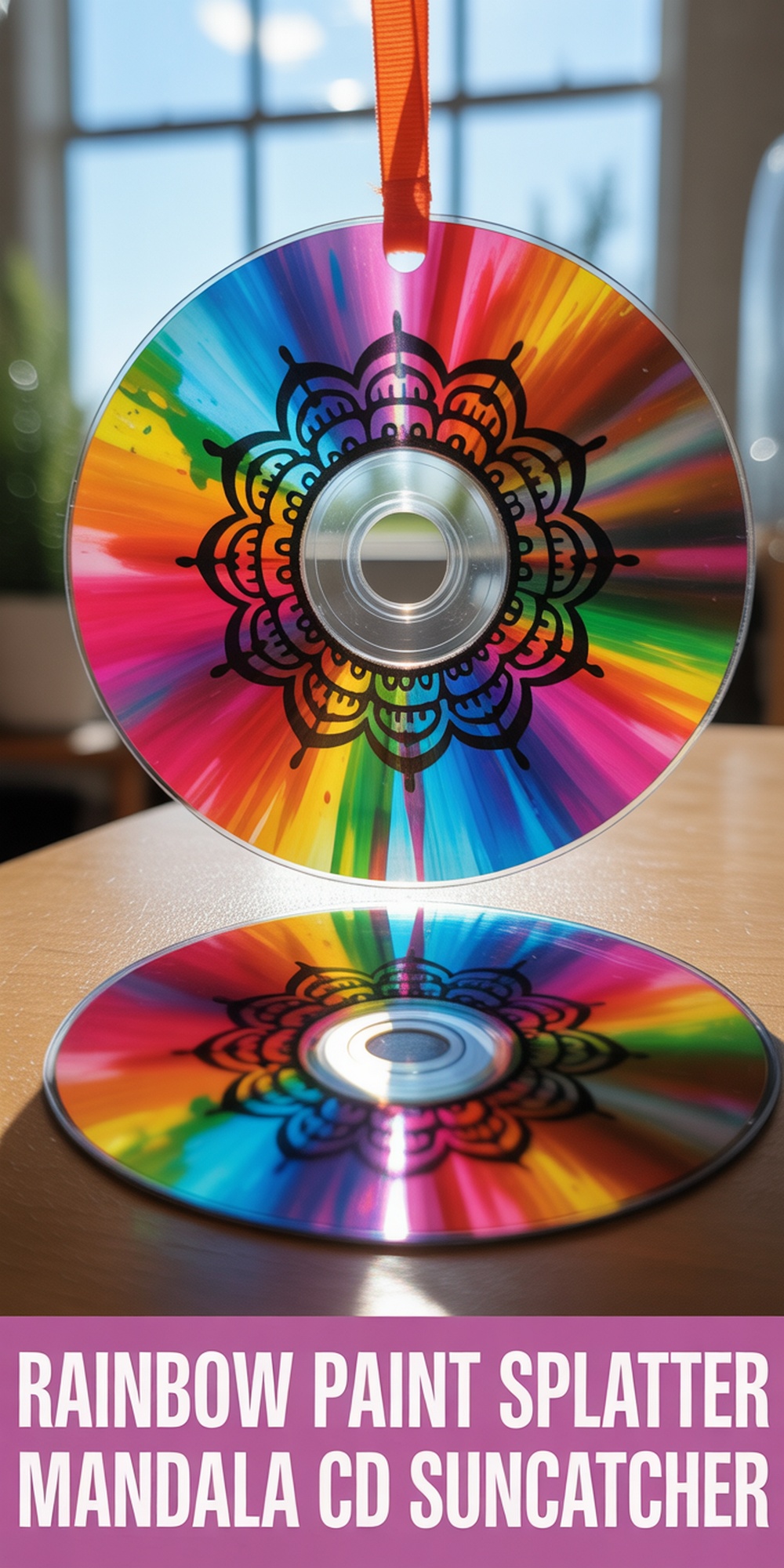 Rainbow Paint Splatter Mandala CD Suncatcher