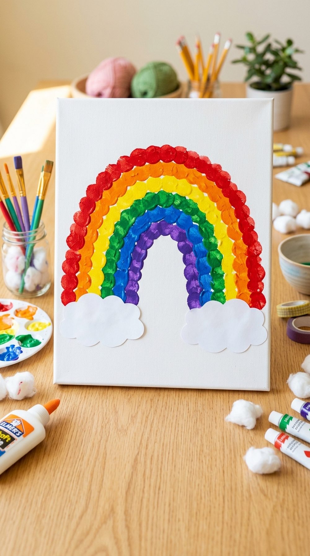 Clothespin Painted Cotton Ball Rainbow Canvas