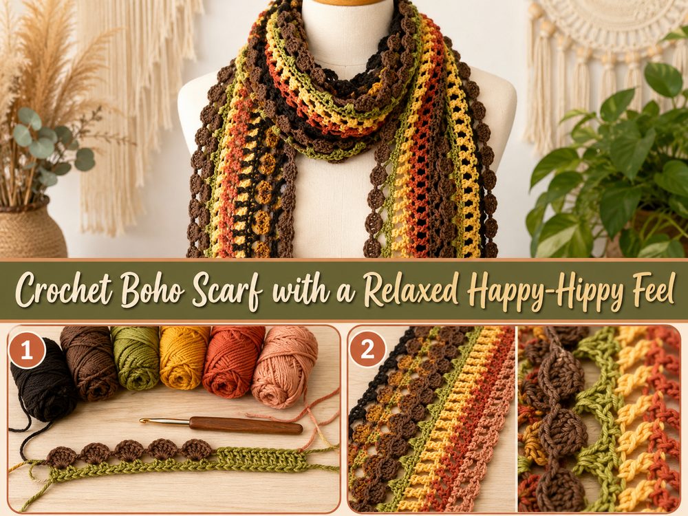 Crochet Boho Scarf with a Relaxed Happy Hippy Feel A