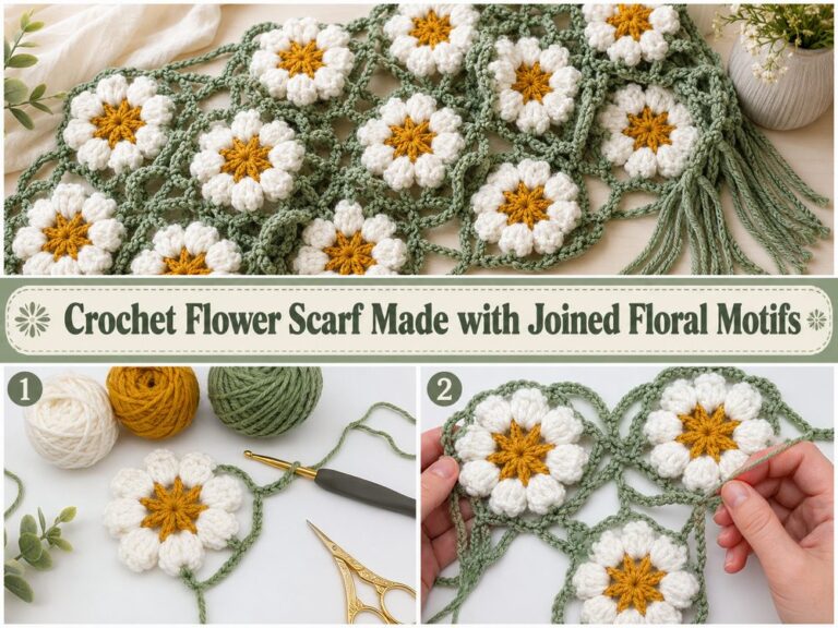 Crochet Flower Scarf Made with Joined Floral Motifs A