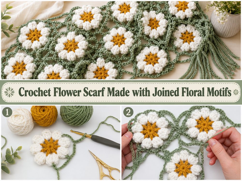 Crochet Flower Scarf Made with Joined Floral Motifs A