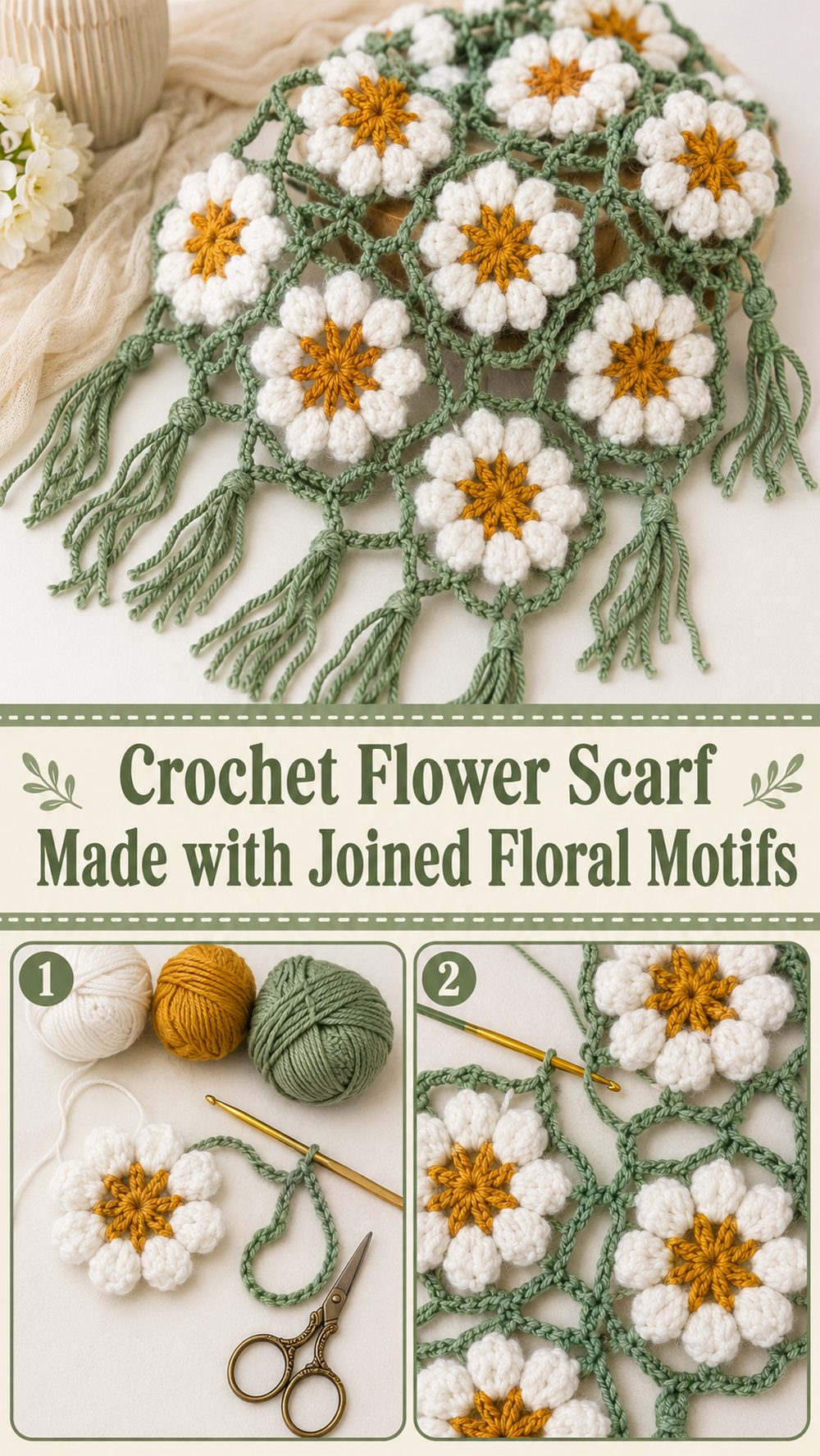 Crochet Flower Scarf Made with Joined Floral Motifs