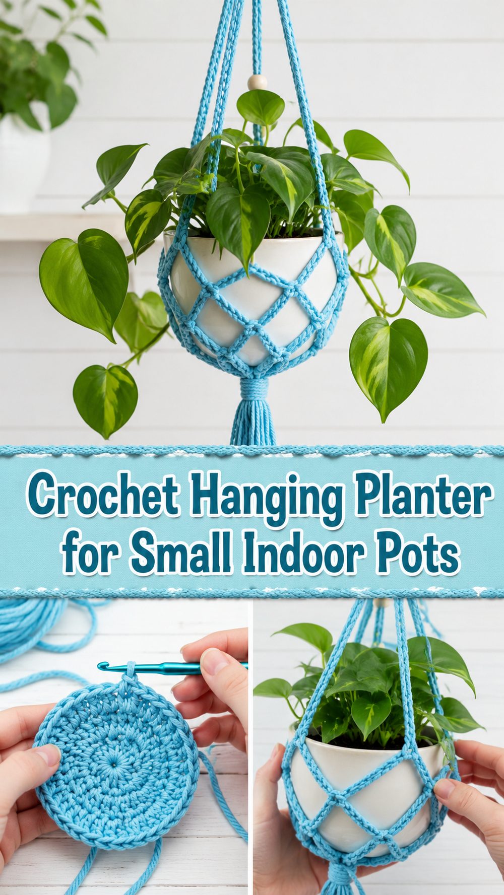 Crochet Hanging Planter for Small Indoor Pots