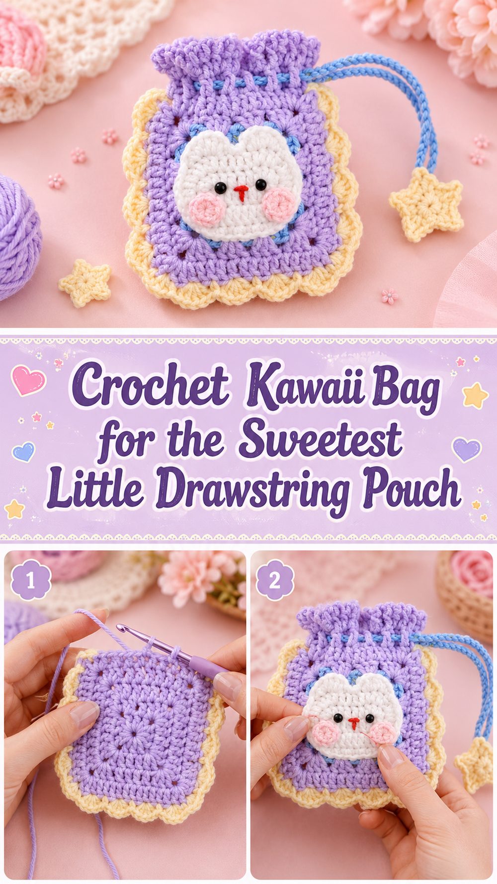 Crochet Kawaii Bag for the Sweetest Little Drawstring Pouch