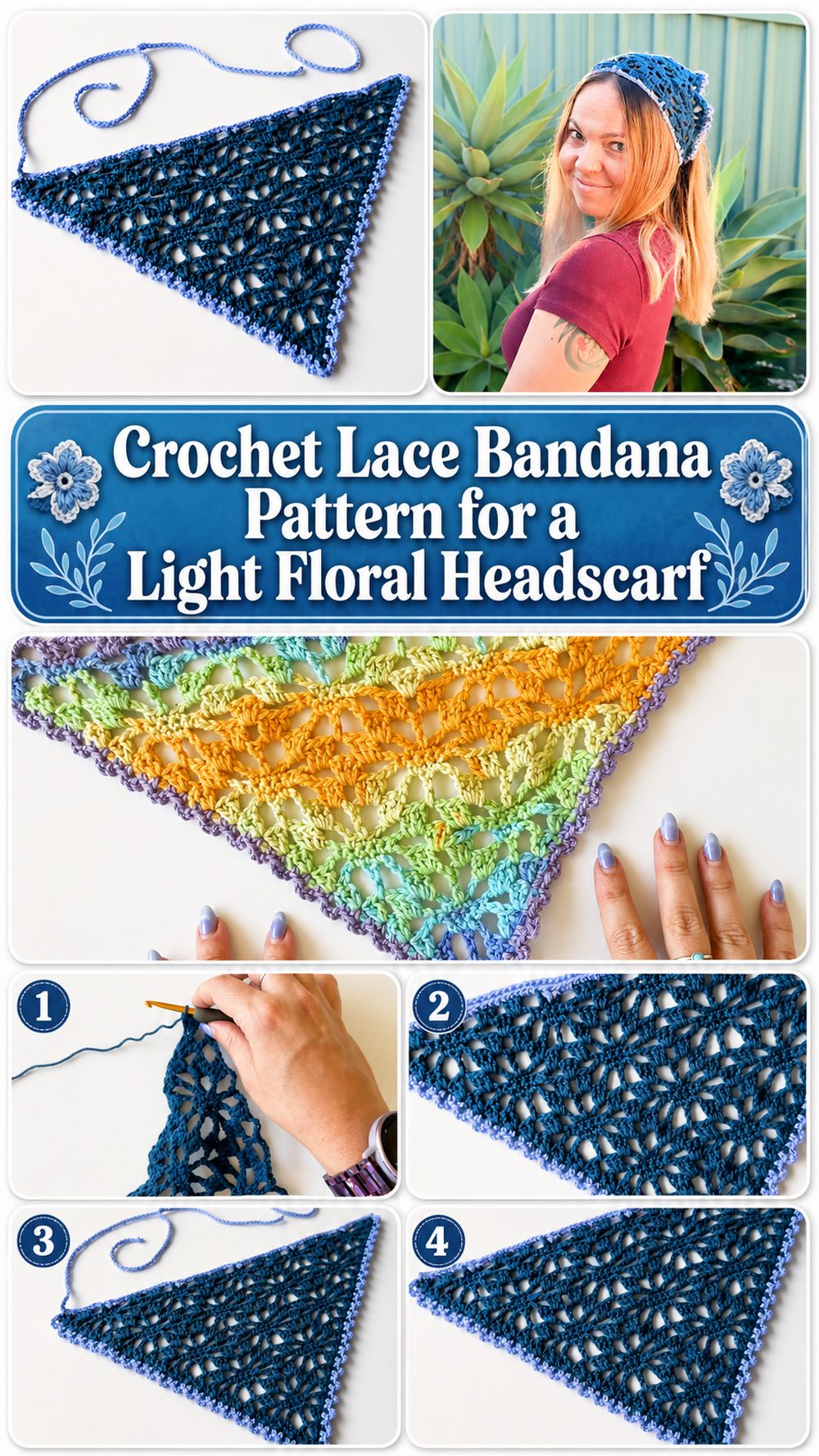 Crochet Lace Bandana Pattern for a Light Floral Headscarf