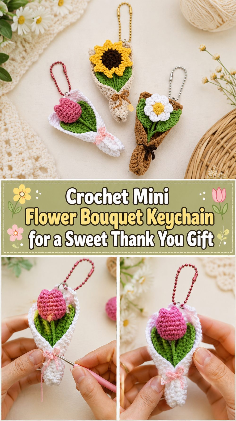 Crochet Mini Flower Bouquet Keychain for a Sweet Thank You Gift