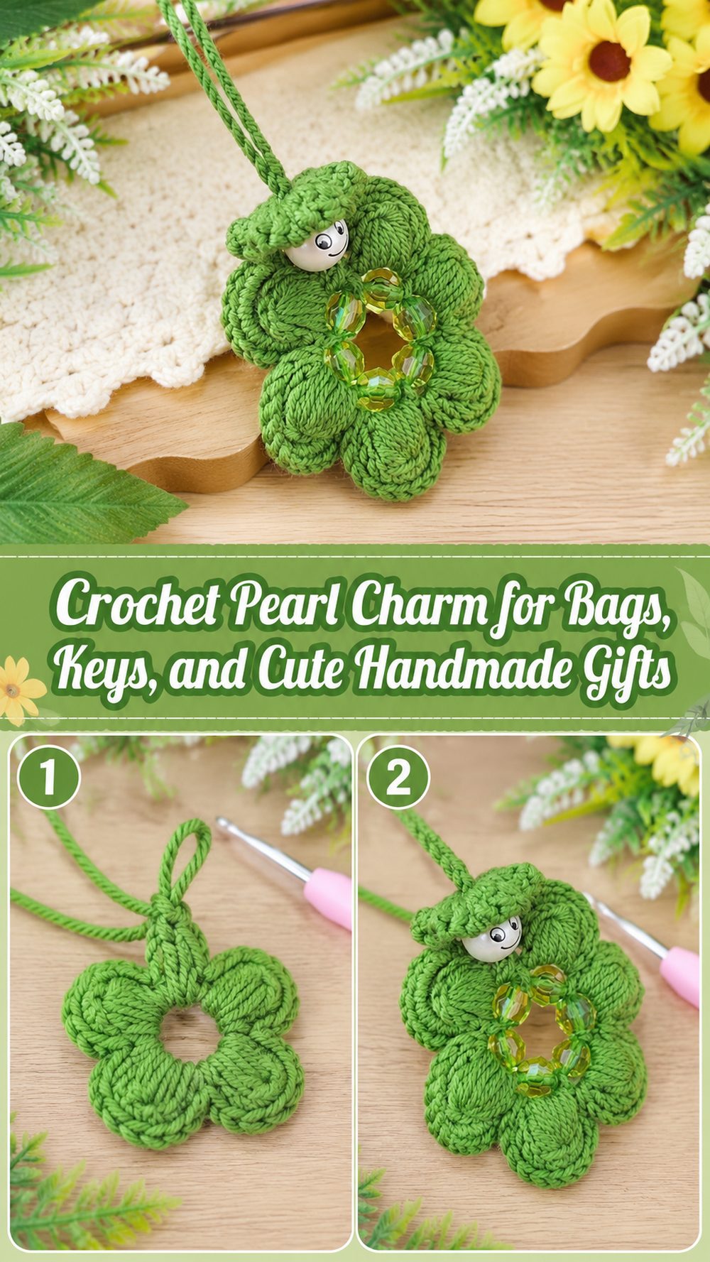 Crochet Pearl Charm for Bags, Keys, and Cute Handmade Gifts
