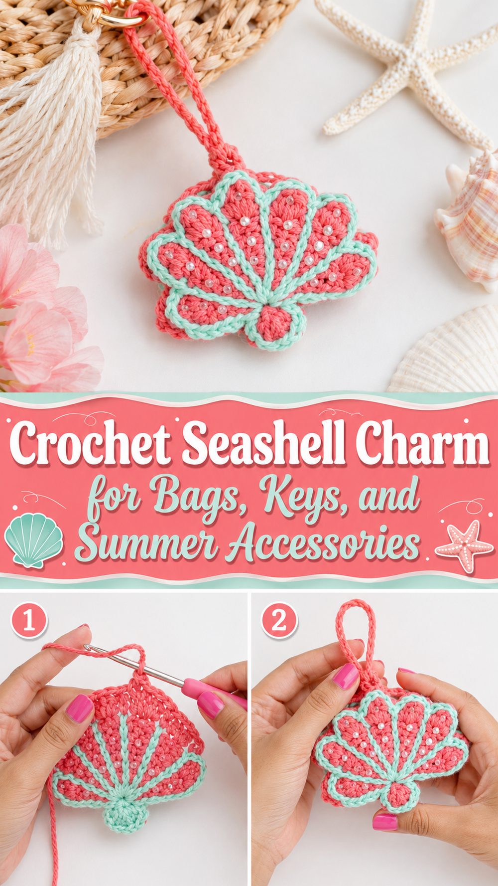 Crochet Seashell Charm for Bags, Keys, and Summer Accessories