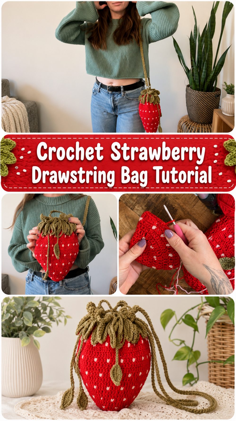Crochet Strawberry Drawstring Bag Tutorial