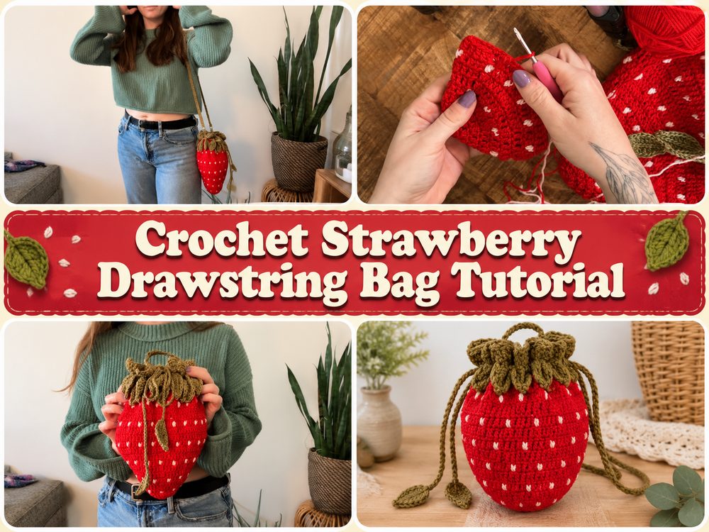 Crochet Strawberry Drawstring Bag Tutorial