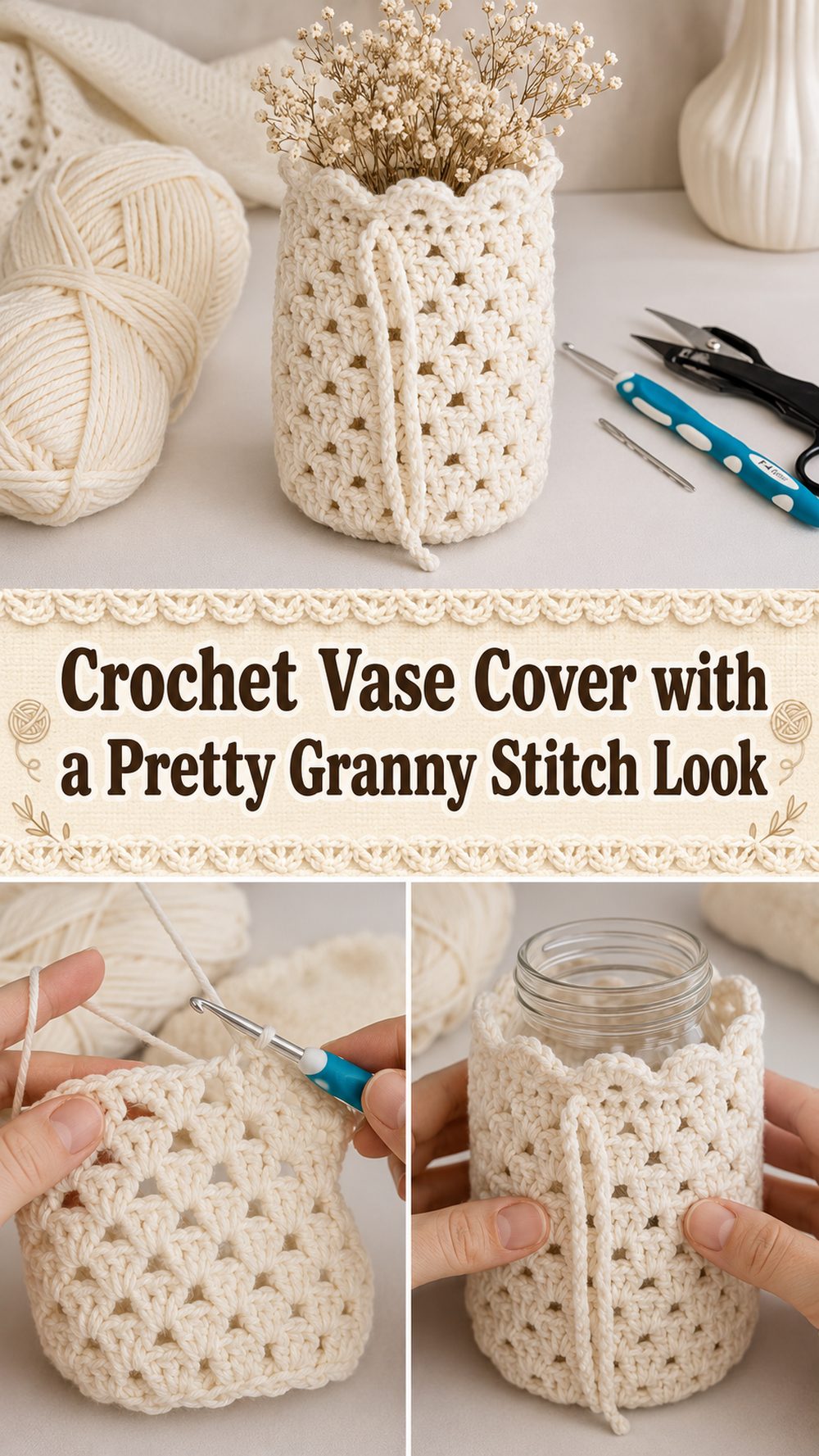 Crochet Vase Cover with a Pretty Granny Stitch Look