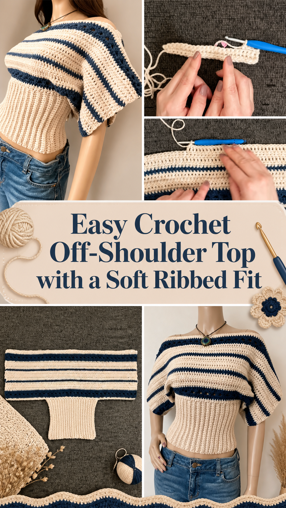 Easy Crochet Off Shoulder Top with a Soft Ribbed Fit