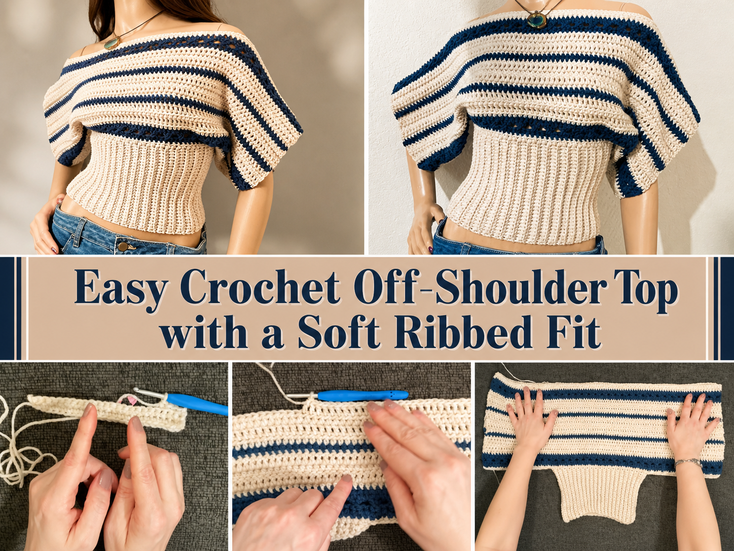 Easy Crochet Off Shoulder Top with a Soft Ribbed Fit