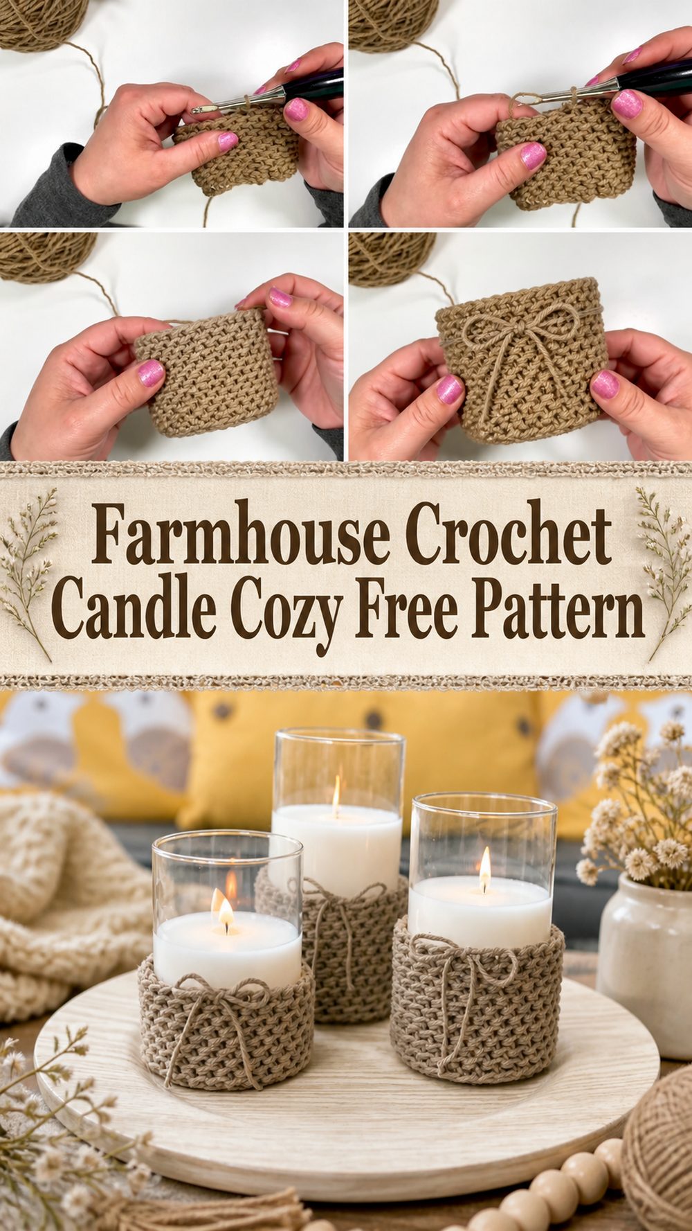 Farmhouse Crochet Candle Cozy Free Pattern