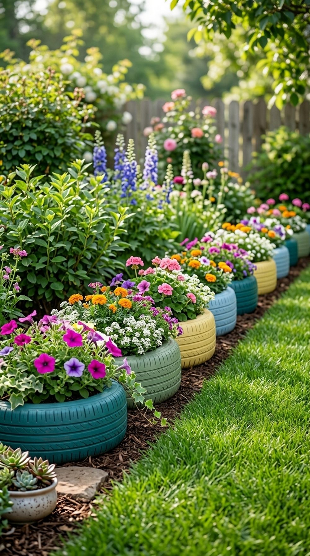 Half Buried Tire Flower Border