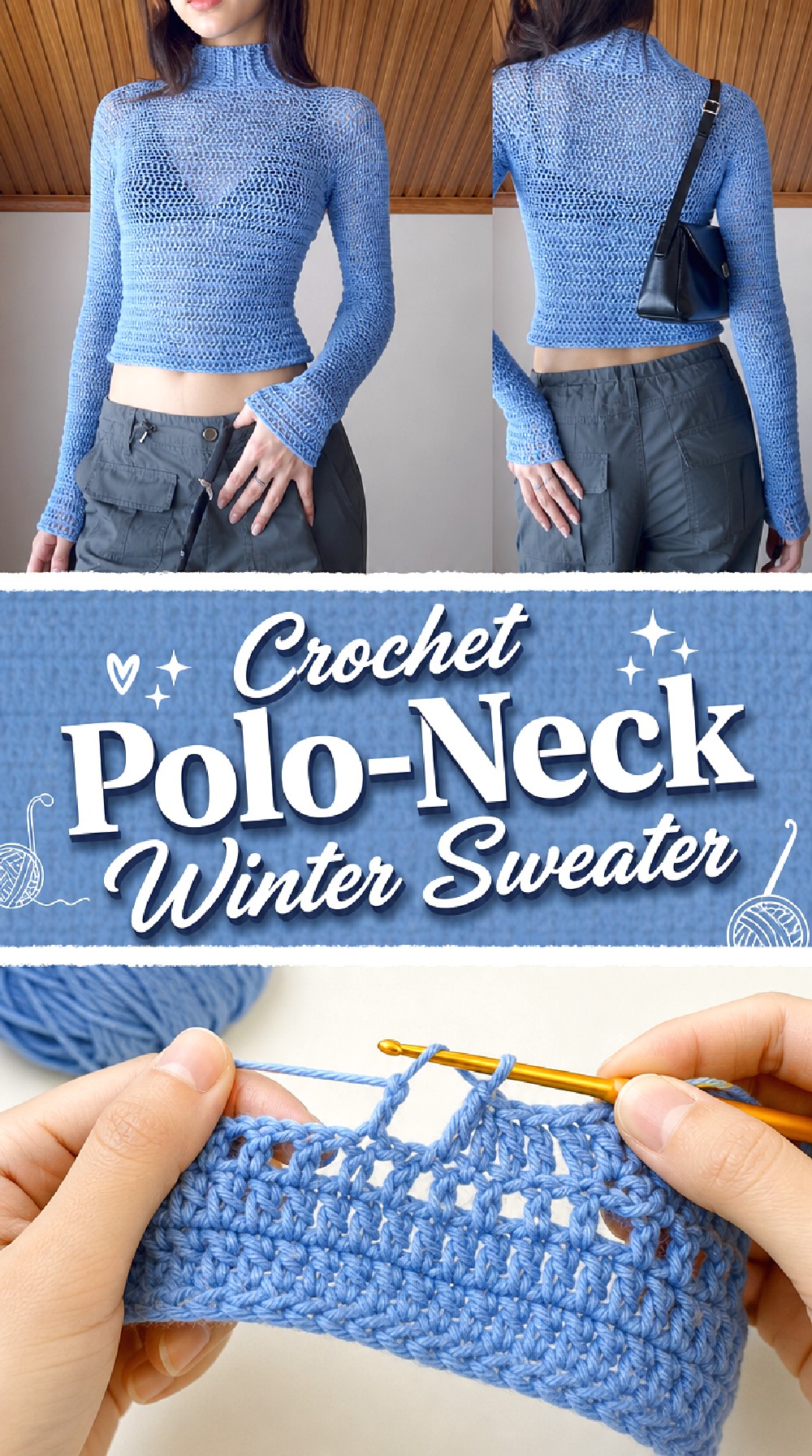 Crochet Polo Neck Winter Sweater
