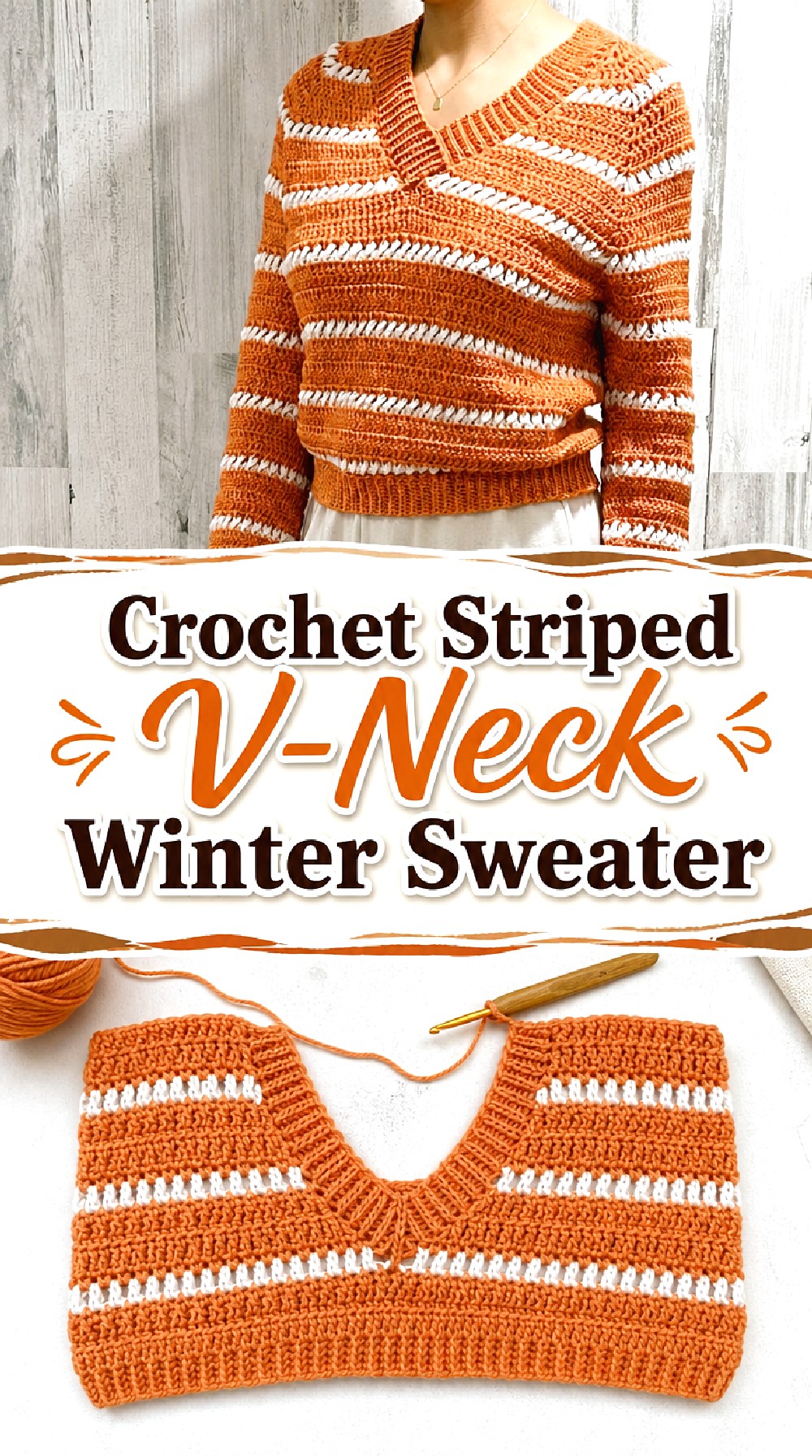 Crochet Striped V Neck Winter Sweater