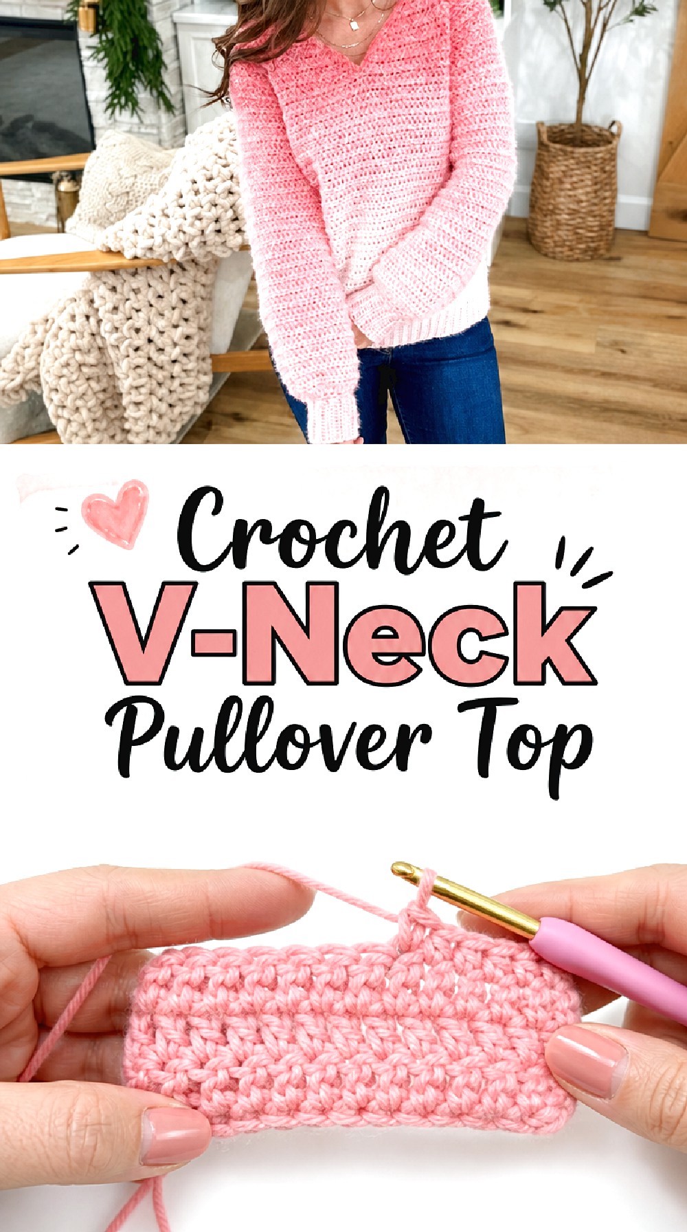 Crochet V Neck Pullover Top