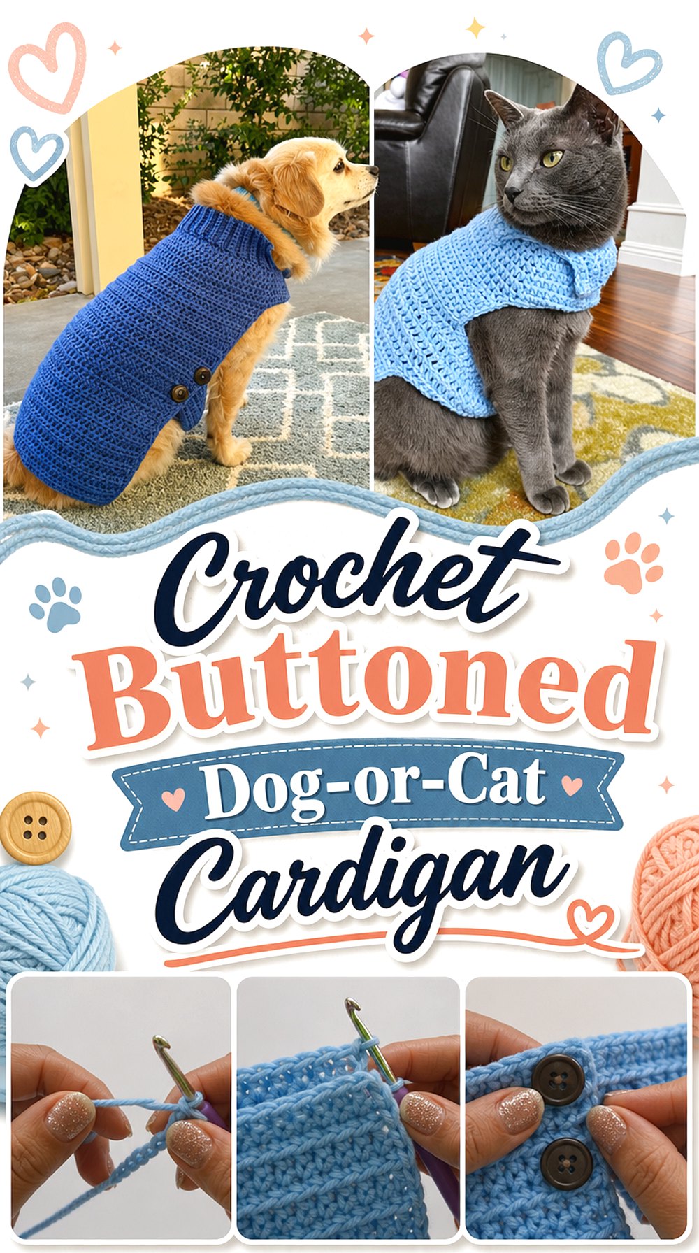 Crochet Buttoned Dog or Cat Cardigan