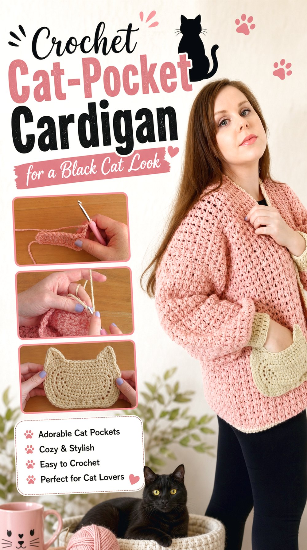 Crochet Cat Pocket Cardigan for a Black Cat Look