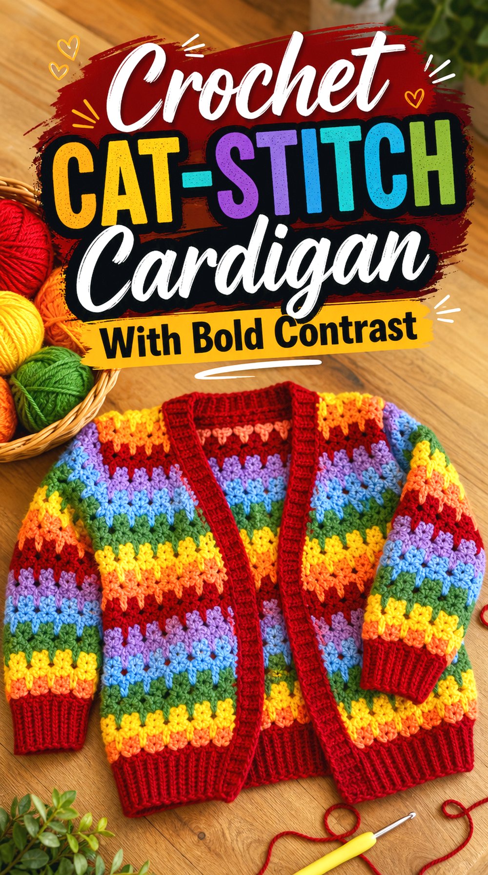 Crochet Cat Stitch Cardigan With Bold Contrast