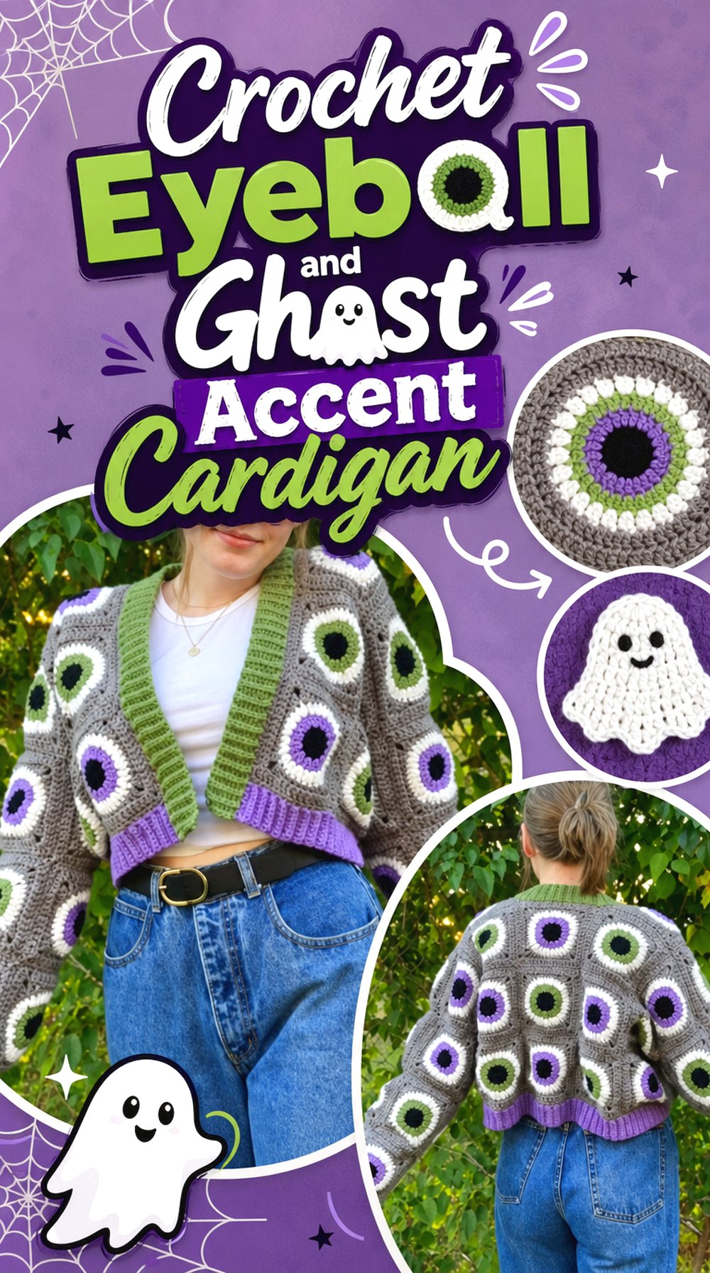 Crochet Eyeball and Ghost Accent Cardigan