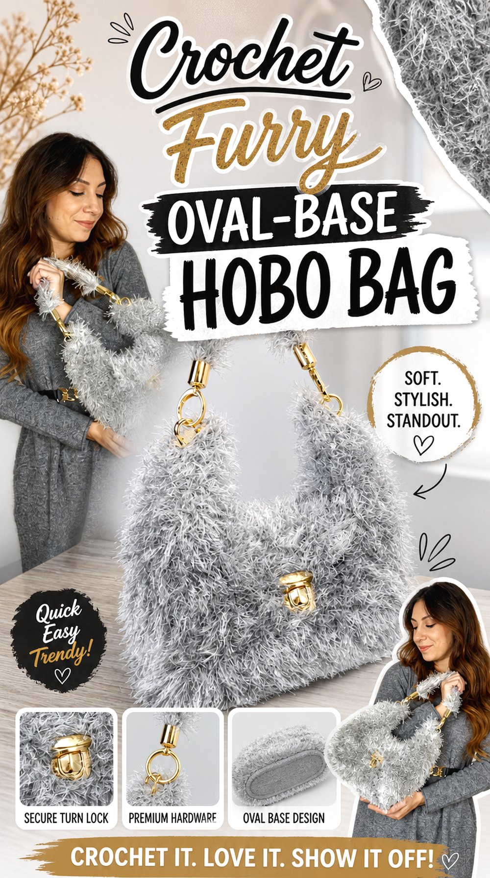 Crochet Furry Oval Base Hobo Bag