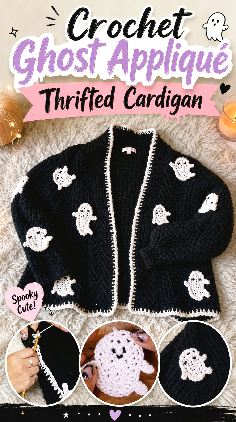 Crochet Ghost Appliqué Thrifted Cardigan