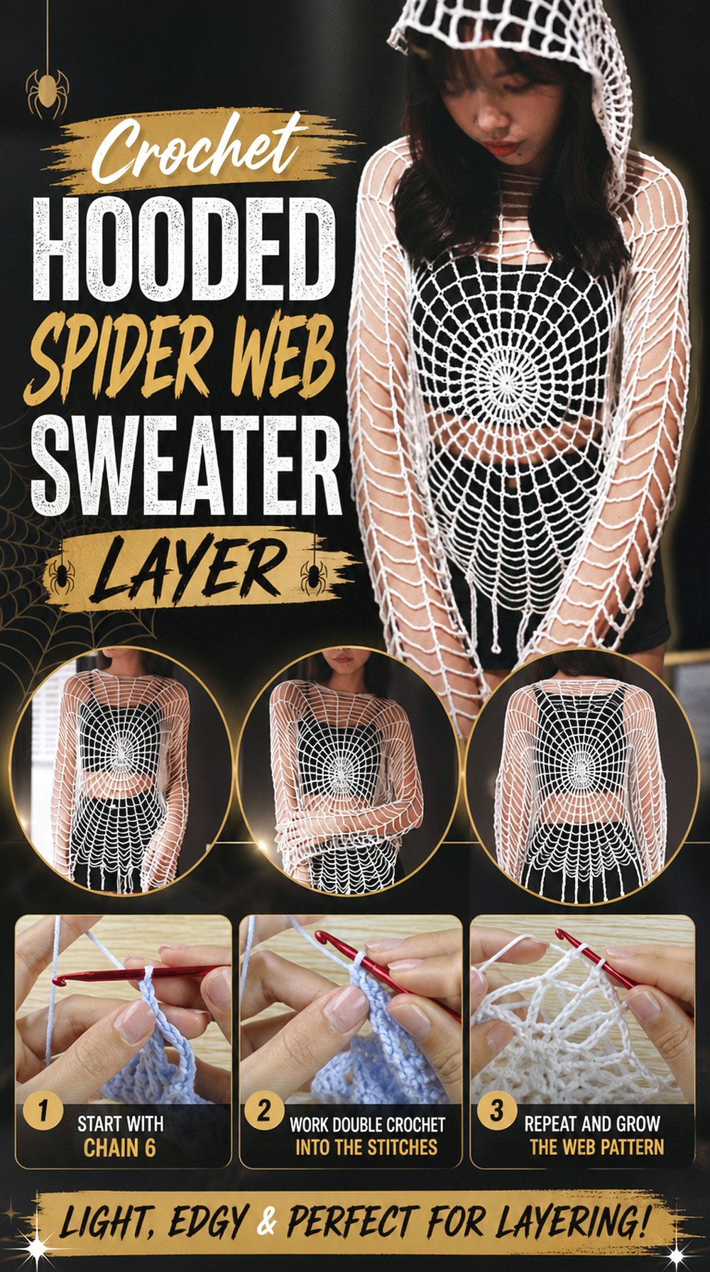 Crochet Hooded Spider Web Sweater Layer