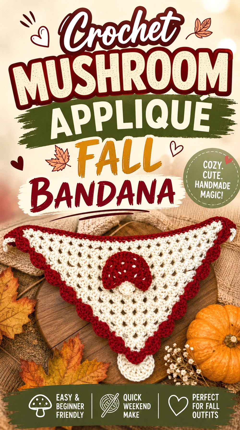 Crochet Mushroom Appliqué Fall Bandana