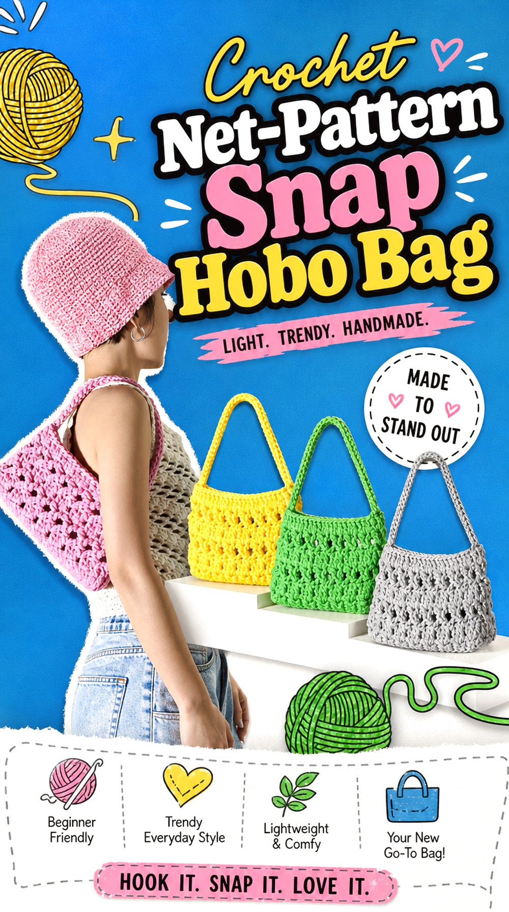 Crochet Net Pattern Snap Hobo Bag