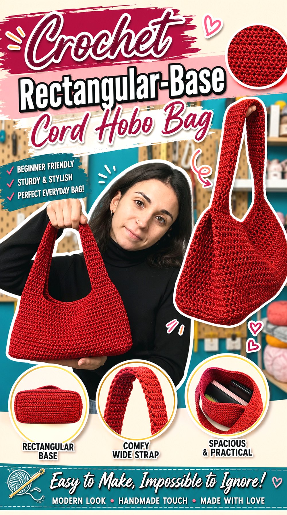 Crochet Rectangular Base Cord Hobo Bag