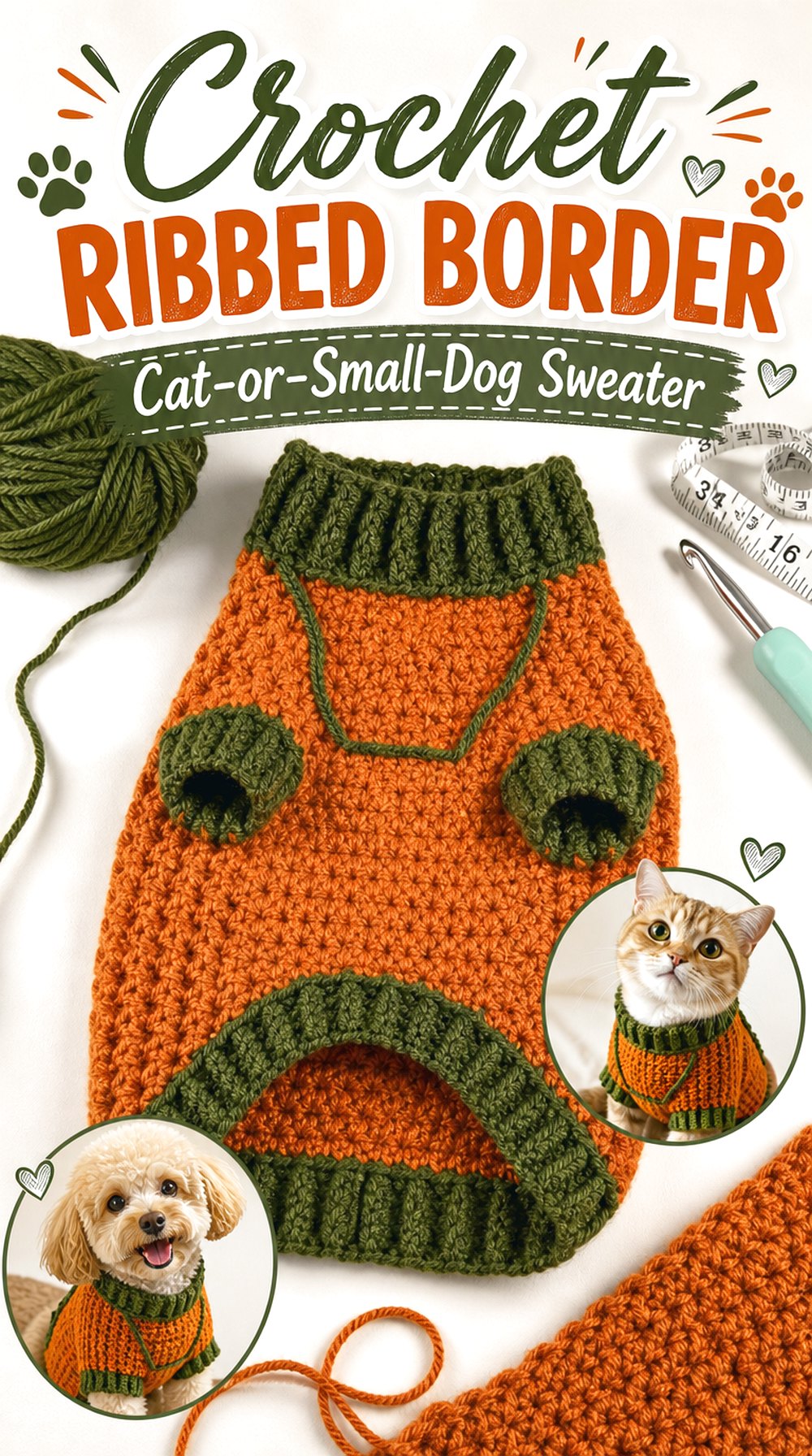 Crochet Ribbed Border Cat or Small Dog Sweater