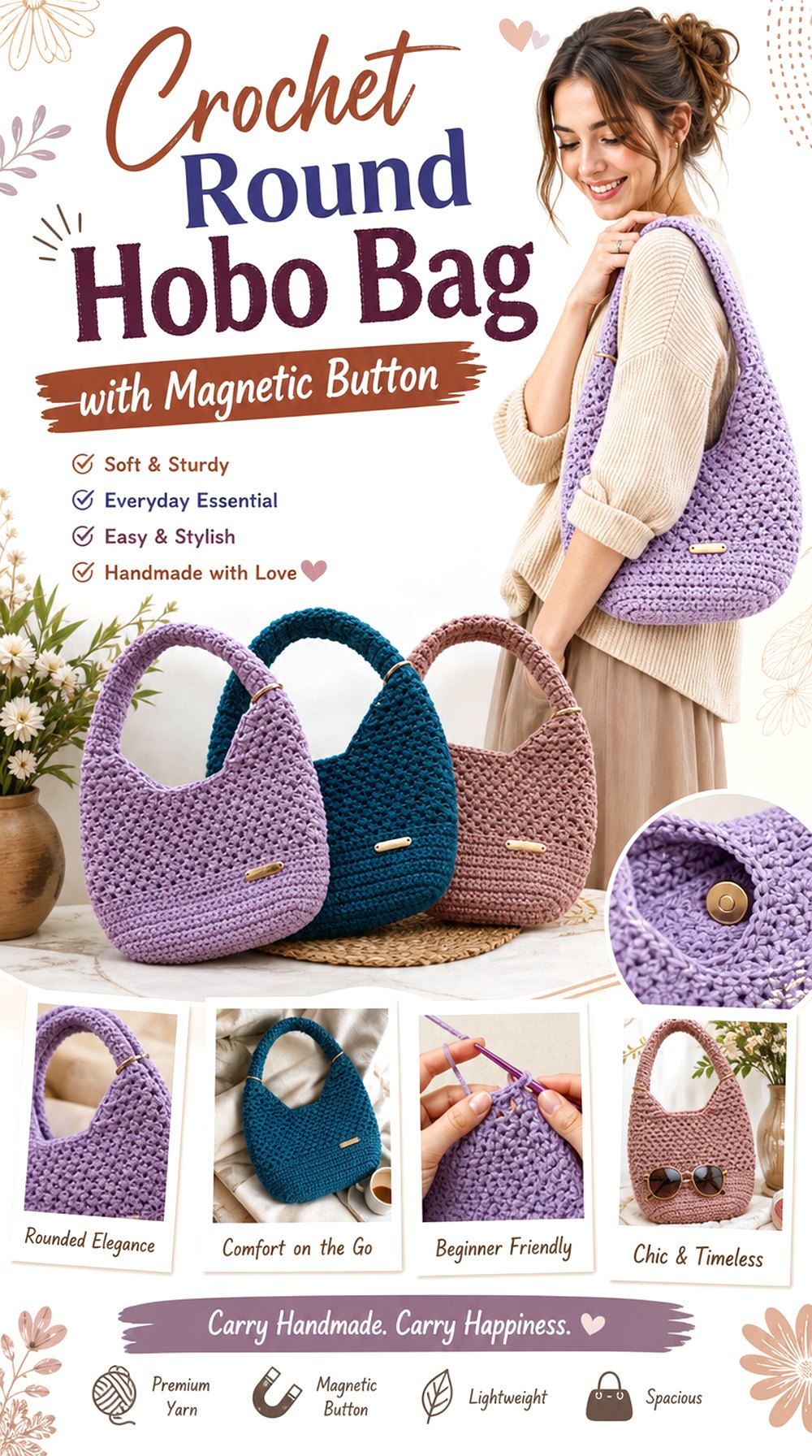 Crochet Round Hobo Bag with Magnetic Button