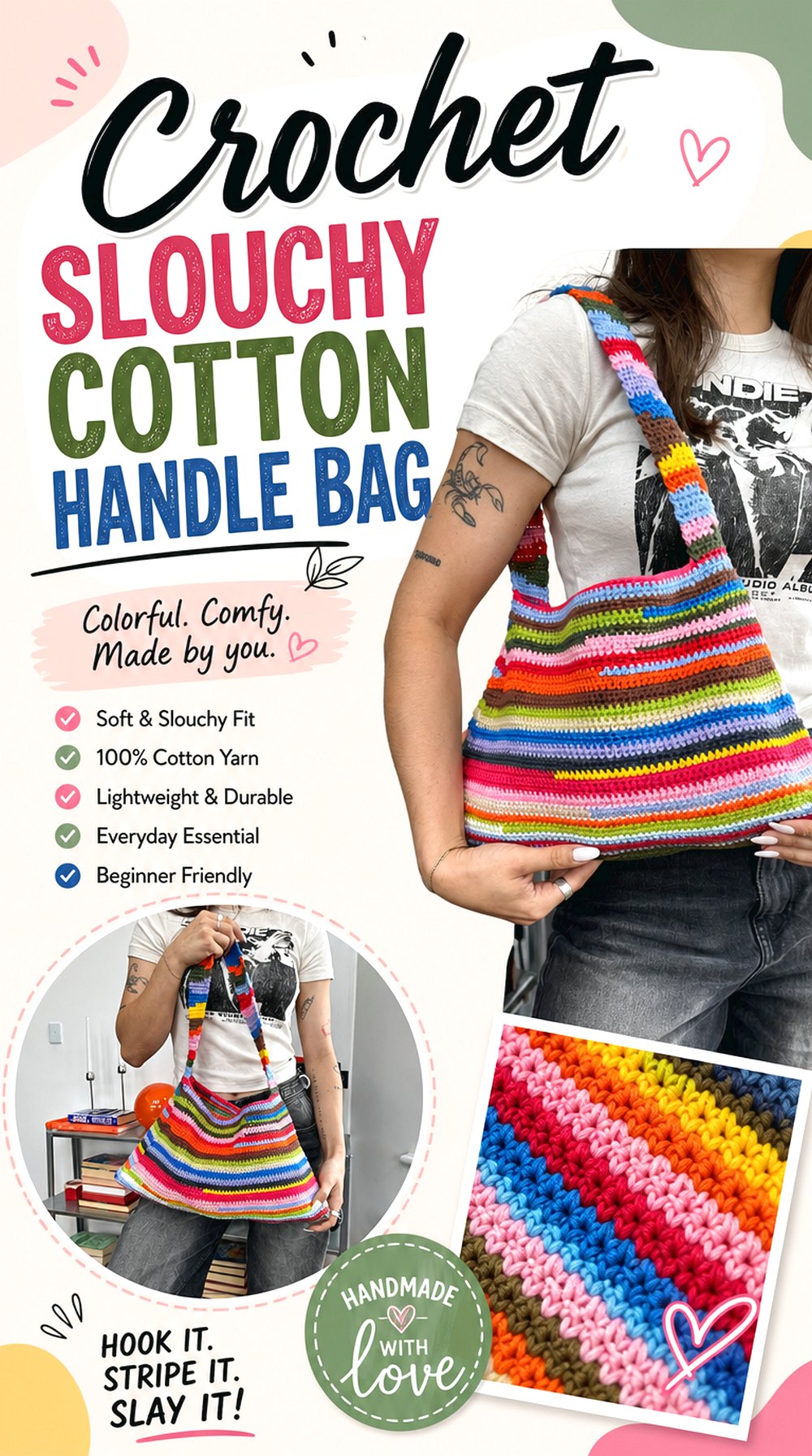 Crochet Slouchy Cotton Handle Bag