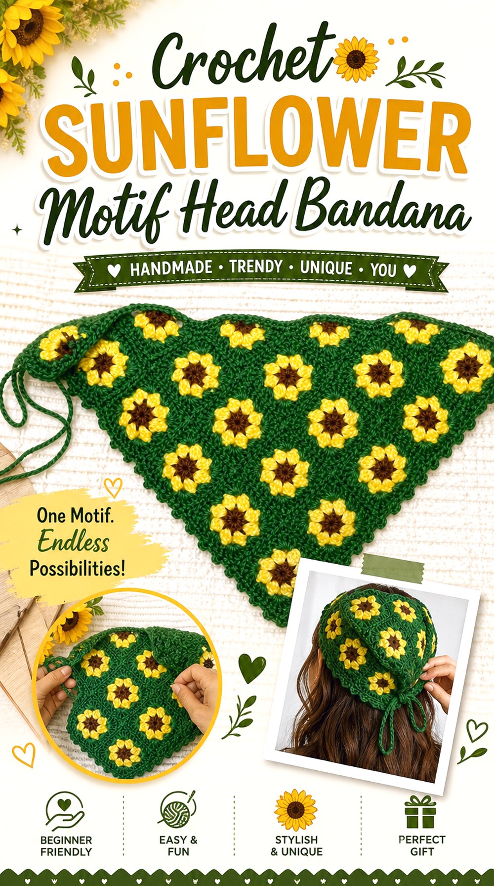 Crochet Sunflower Motif Head Bandana
