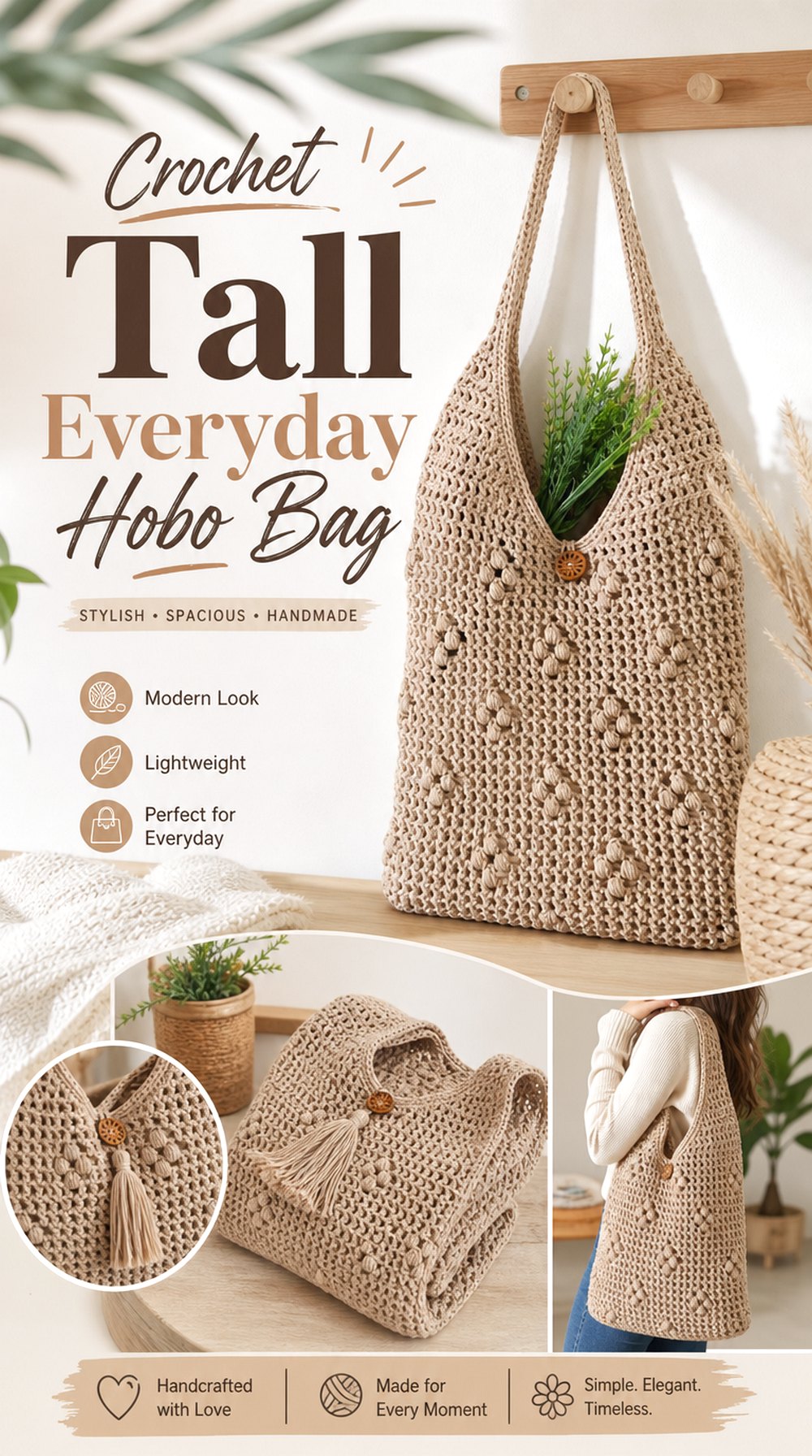 Crochet Tall Everyday Hobo Bag