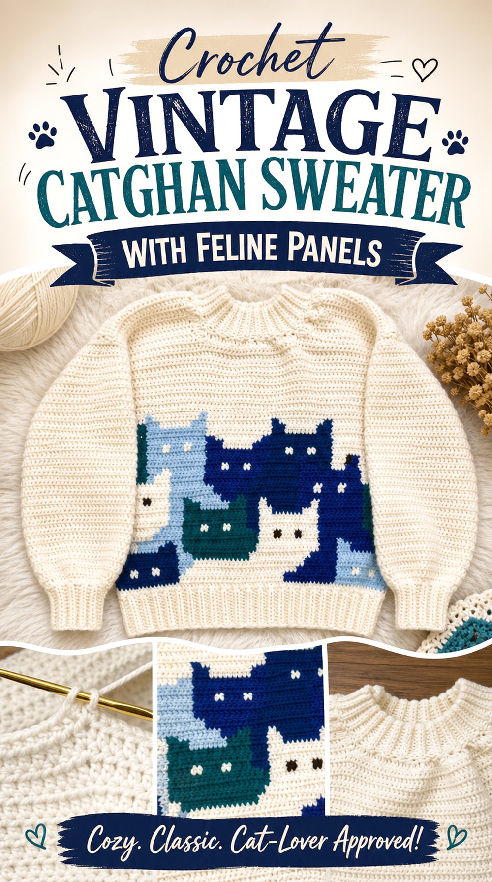 Crochet Vintage Catghan Sweater With Feline Panels
